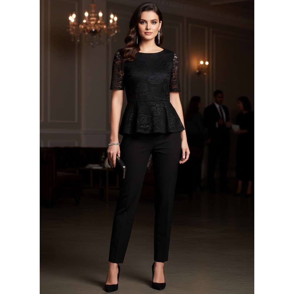 Lily Black Womens Black Floral Lace Peplum Top Short Sleeve Scoop Back Size L